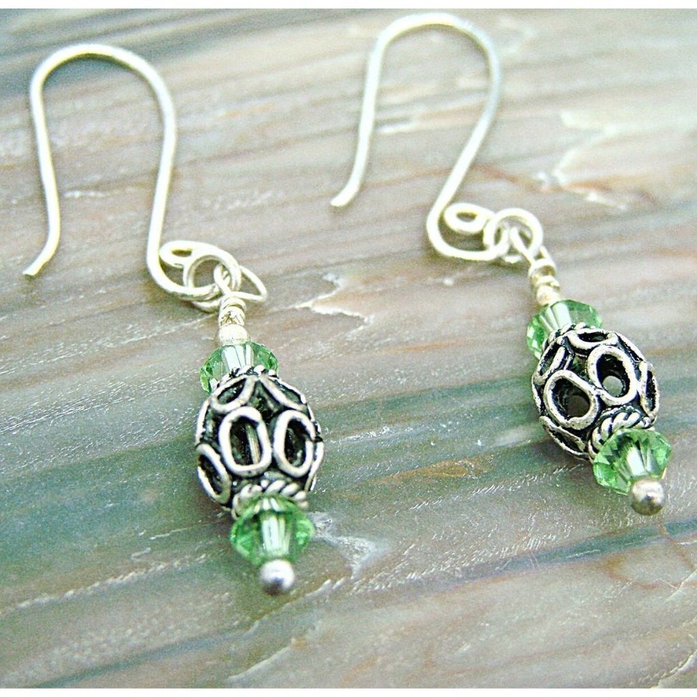 Fat Dog Silver Beads & Swarovski Peridot Green Crystals Drop Dangle Earrings
